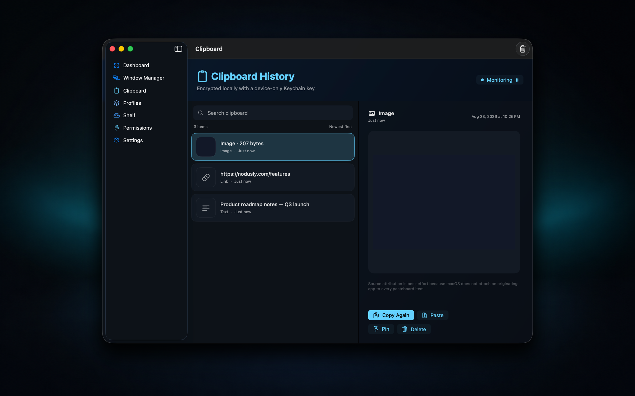 Nodusly encrypted clipboard history